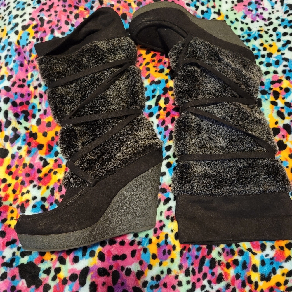 Fur Black Comfy Wedge Boot